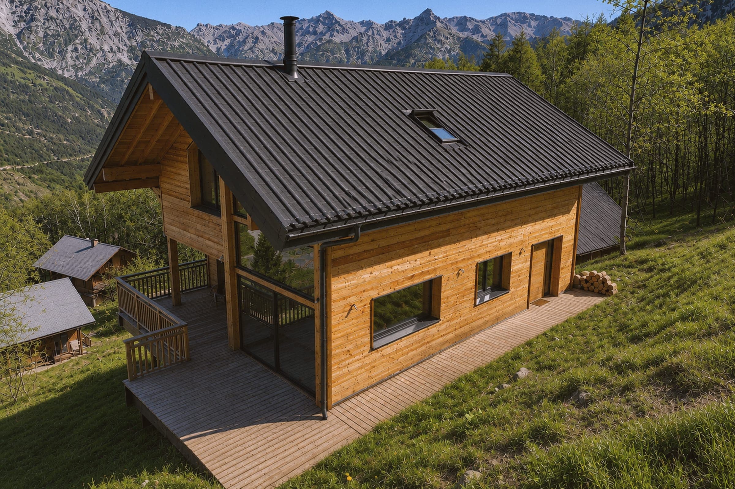 Le chalet Letou en été, sa terrasse et les sommets de la Vallouise