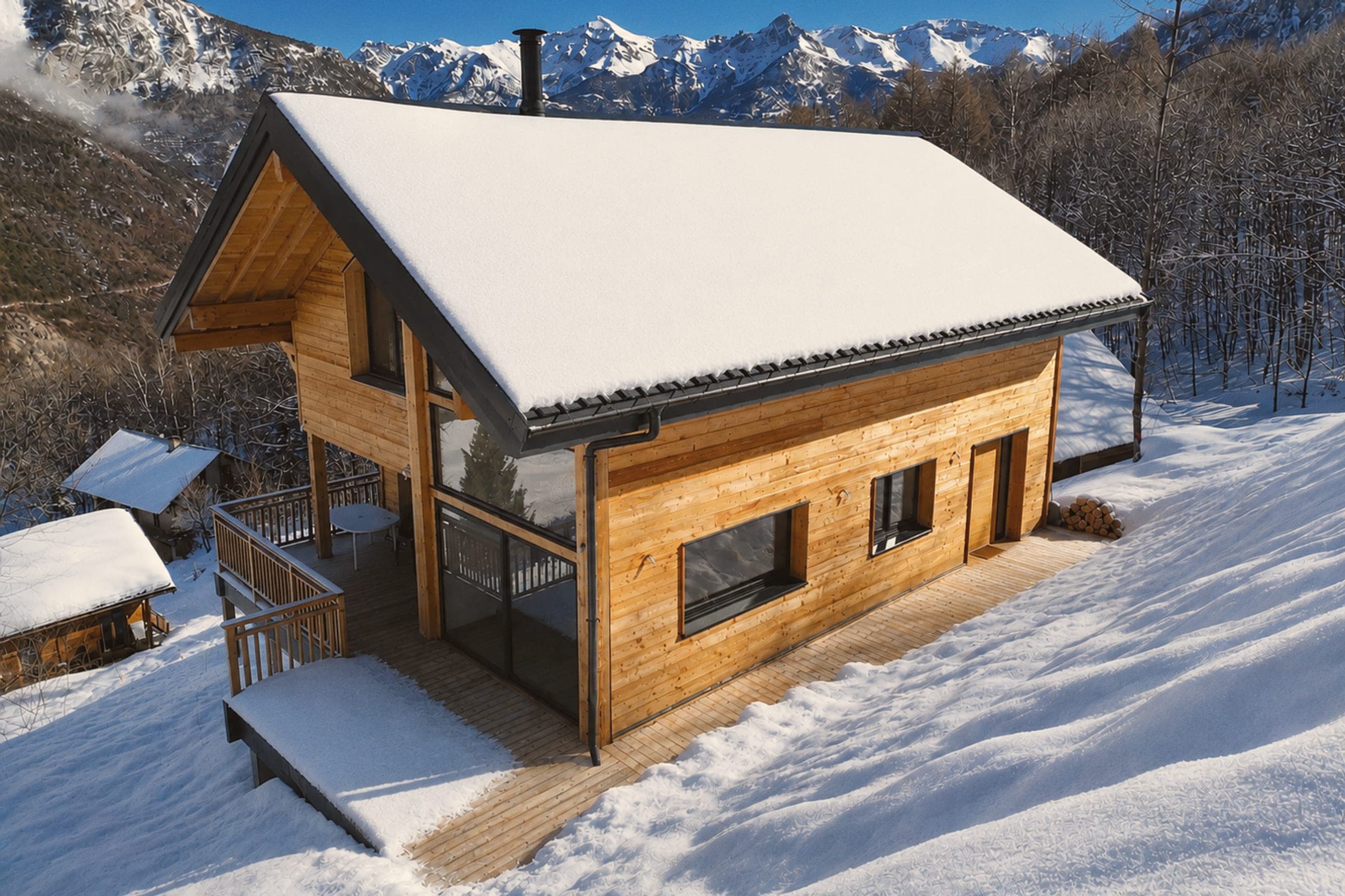 Le chalet Letou sous la neige, face aux sommets de la Vallouise